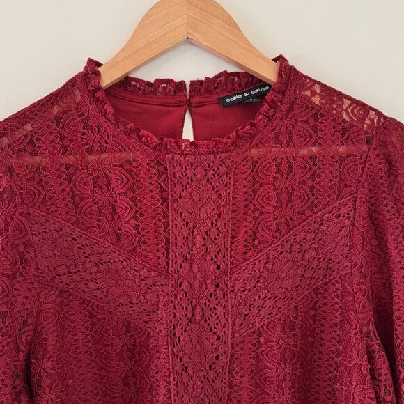Cable & Gauge Burgundy Lace Blouse Romantic Long Sleeve Top - Picture 2 of 13